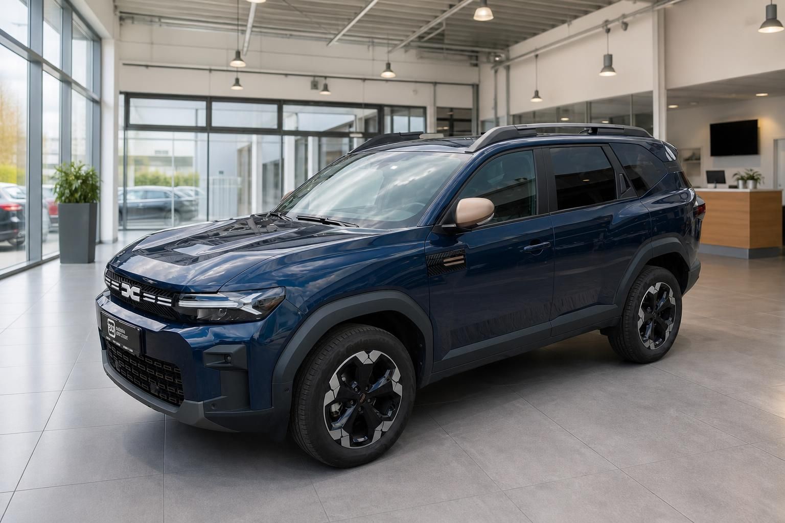 Dacia Bigster blau Frontansicht schräg im Autohaus – SUV Neufahrzeug kaufen