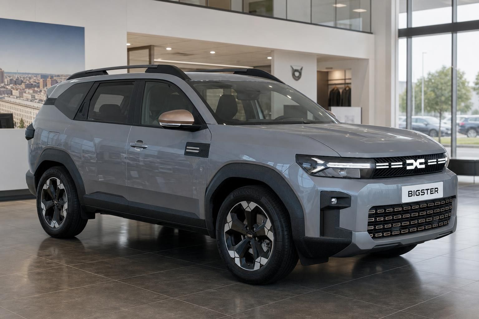 Dacia Bigster SUV in Grau - Seitenansicht im Autohaus mit modernem Design und Dachgepäckträger