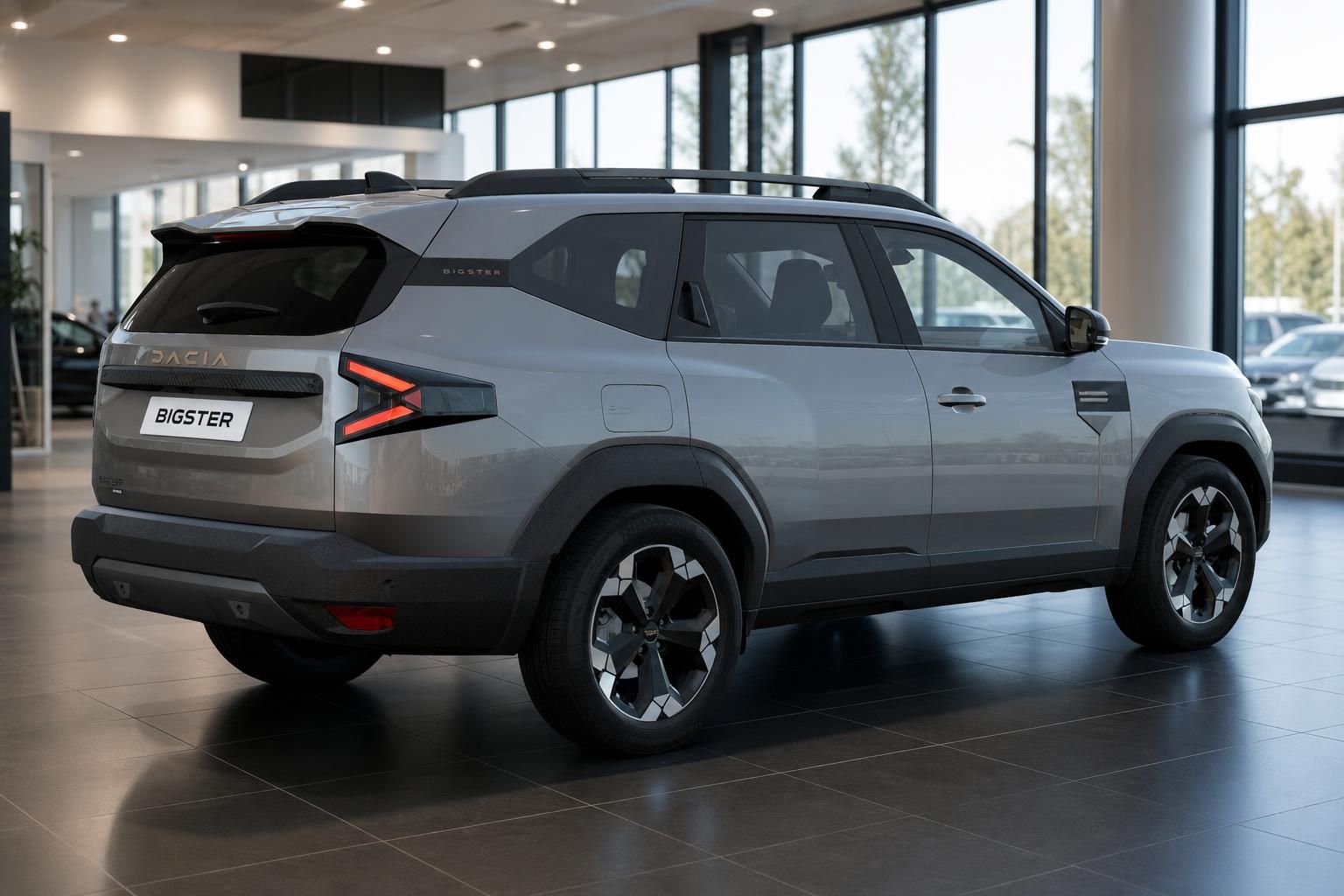 Dacia Bigster SUV Heckansicht in Grau mit LED-Rückleuchten und Bigster-Schriftzug im Showroom