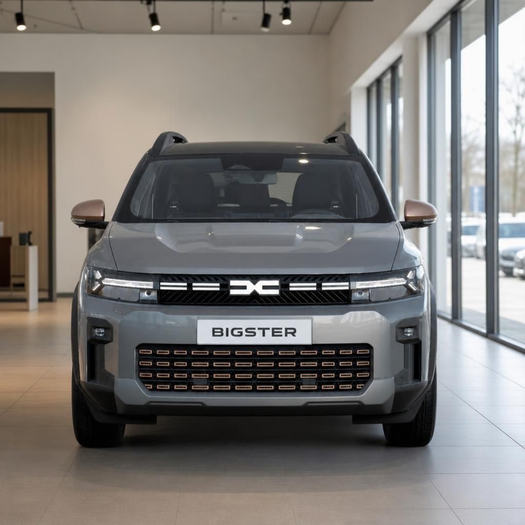 Dacia Bigster SUV Frontansicht in Grau mit markanter Kühlergrill und LED-Scheinwerfern im Autohaus