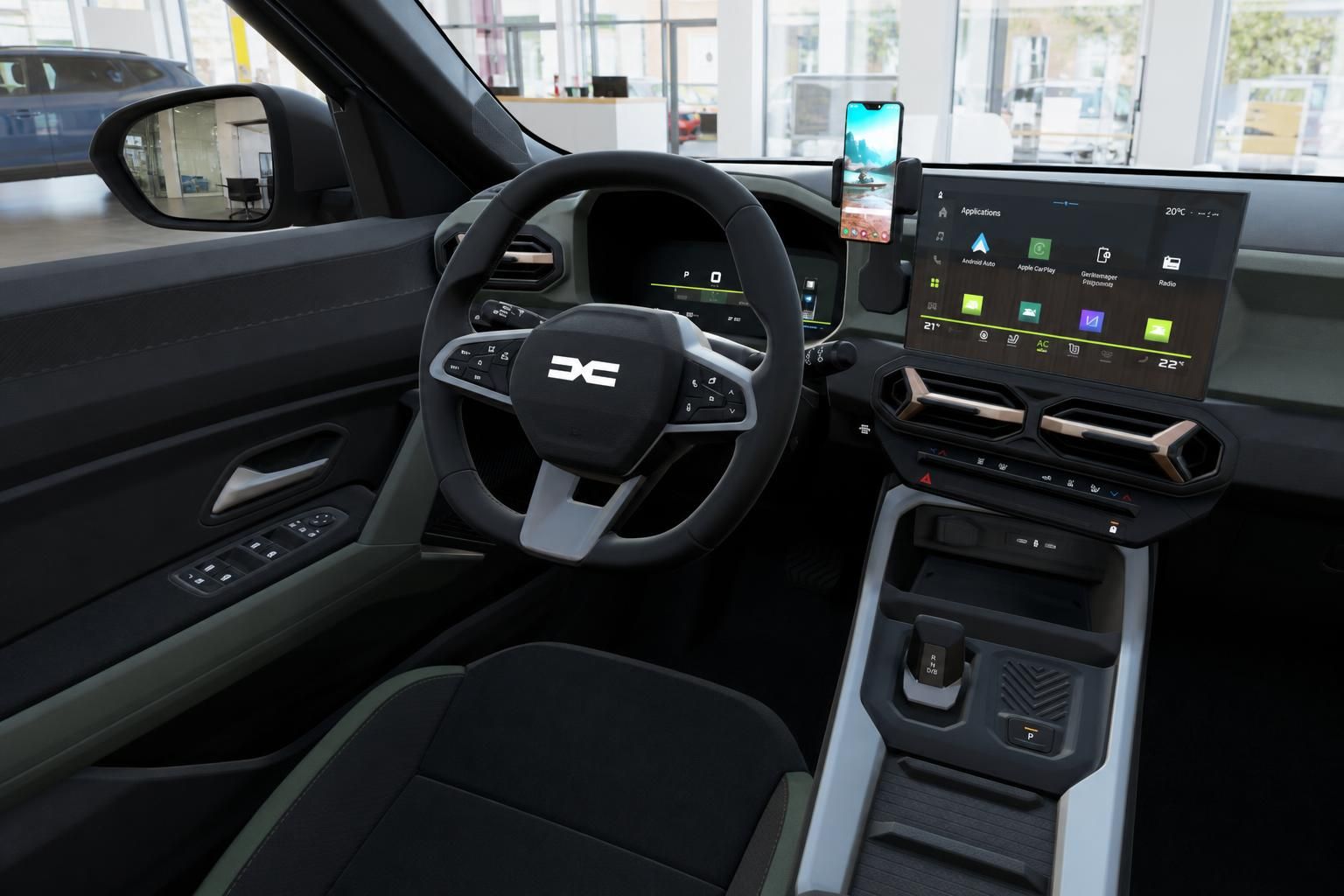 Modernes Cockpit mit Touchscreen, Lenkrad und digitalen Anzeigen im Fahrzeuginnenraum