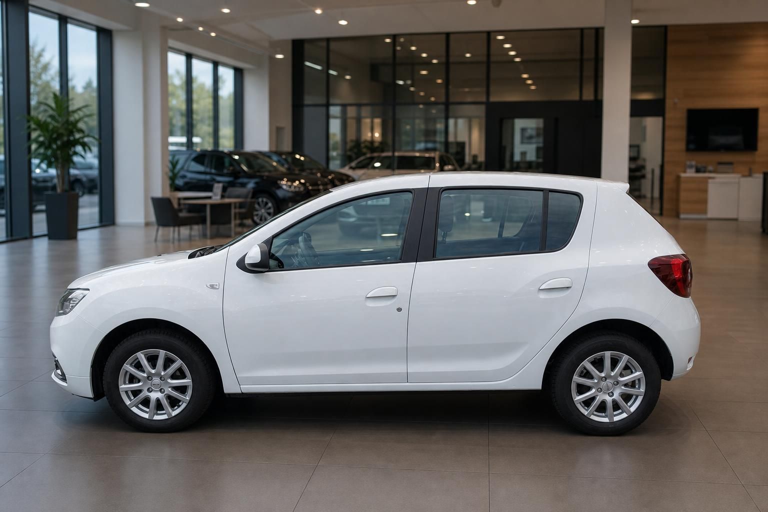 Dacia Sandero weiss Seitenansicht links im Autohaus Showroom