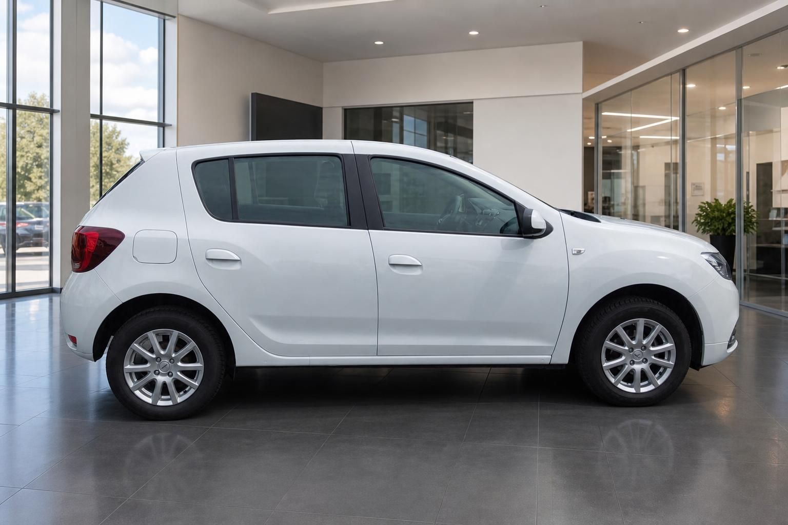 Dacia Sandero weiss Seitenansicht rechts im Autohaus Showroom
