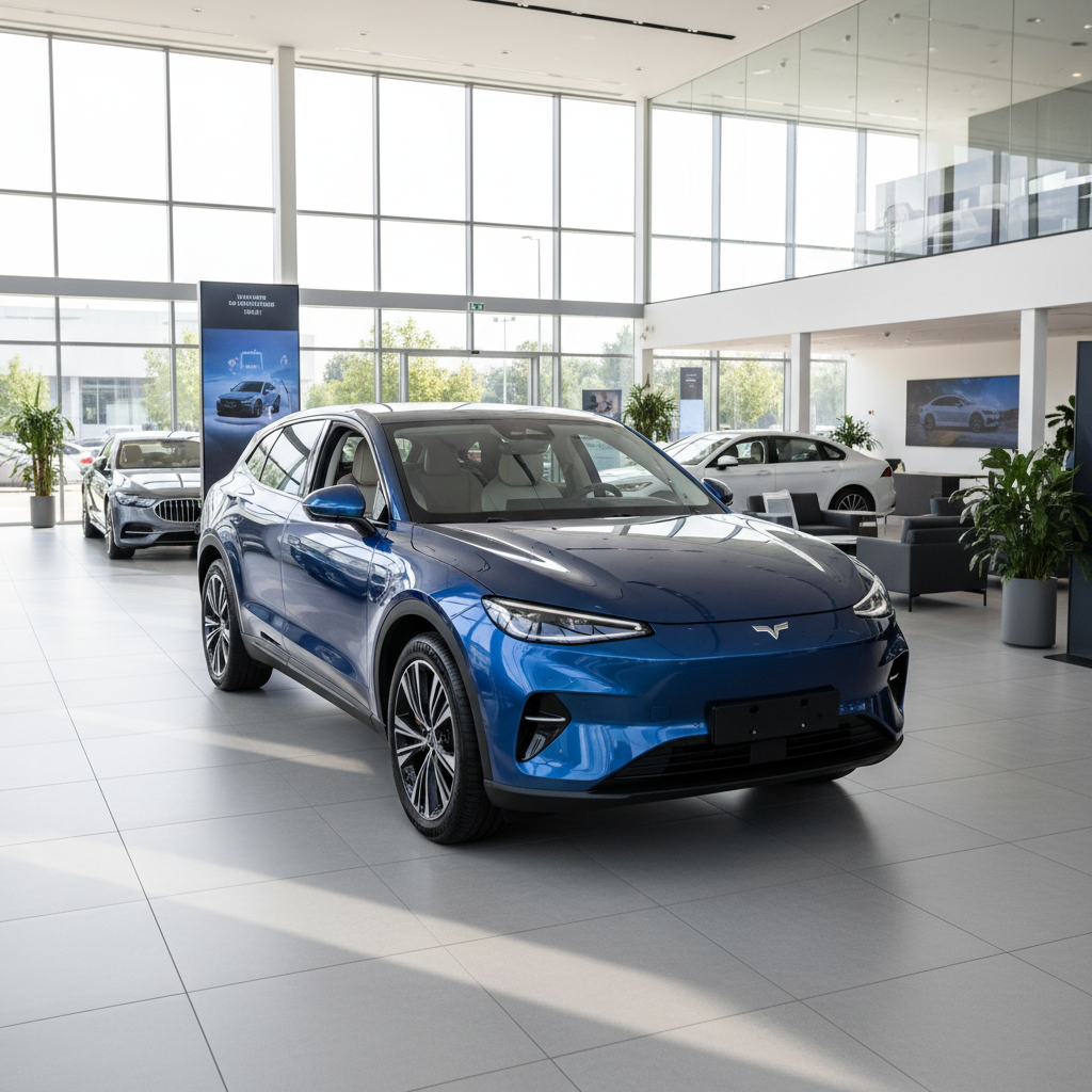 Blauer Elektro-SUV im modernen Autohaus-Showroom, Frontansicht