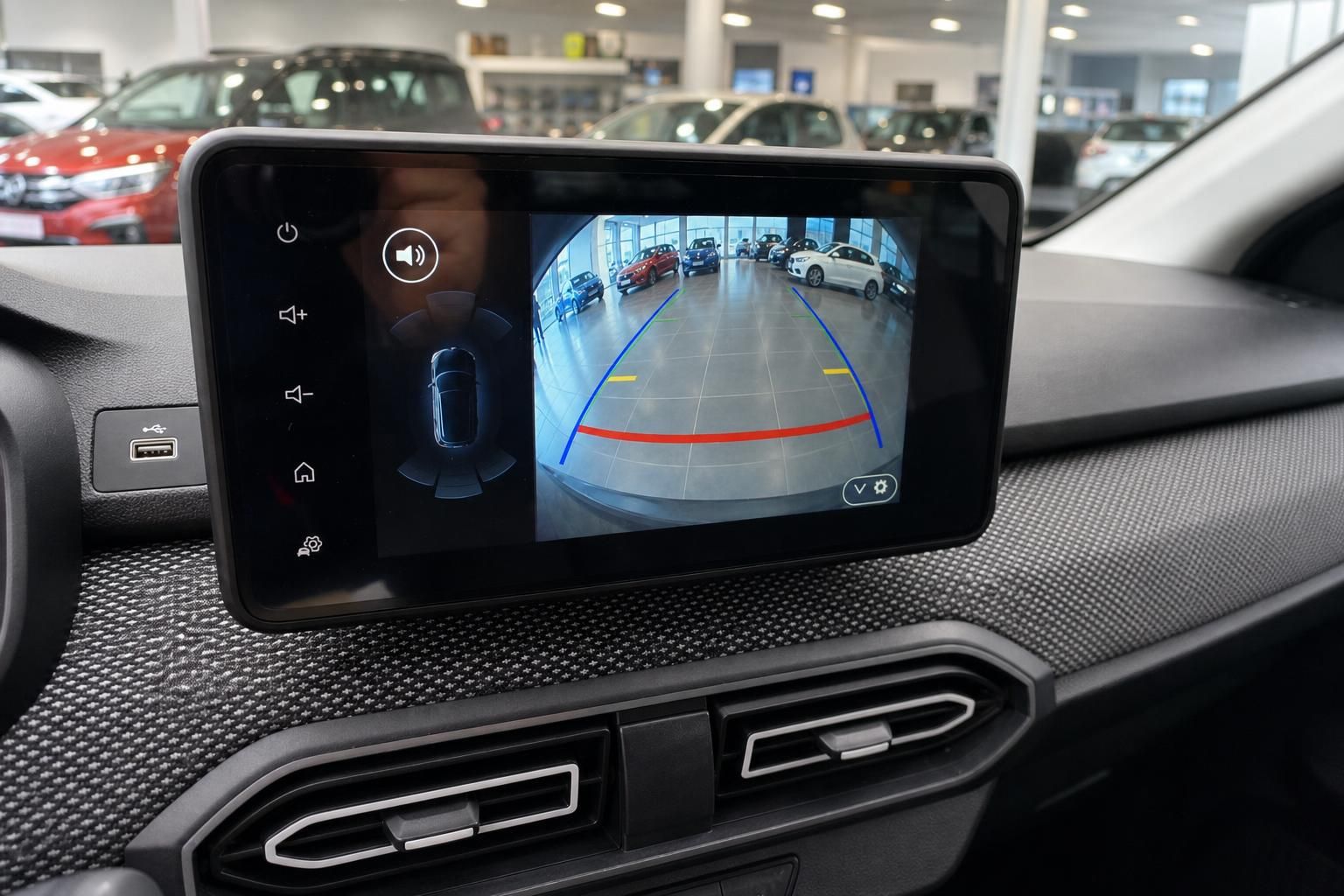 Rückfahrkamera-Display mit Parklinien im Fahrzeug-Infotainmentsystem zeigt Autohaus-Showroom
