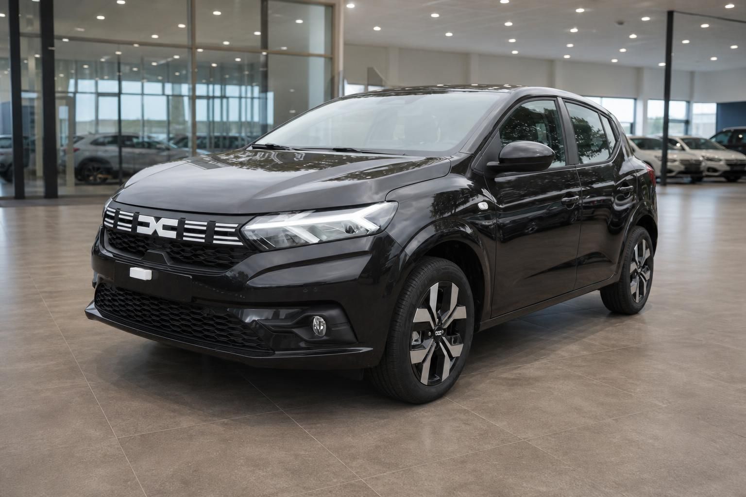 Schwarzer SUV Schrägansicht vorne im Autohaus - elegantes Design mit Chromgrill