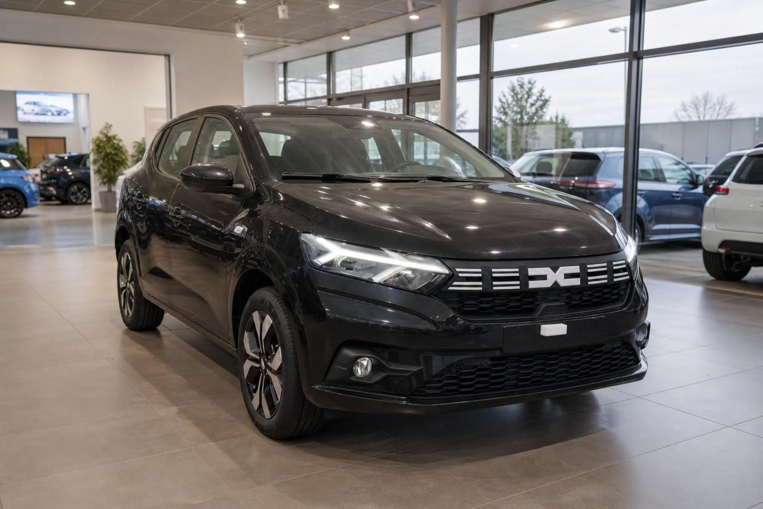 Schwarzer Kompaktwagen Frontansicht im Autohaus - modernes Design mit LED-Scheinwerfern