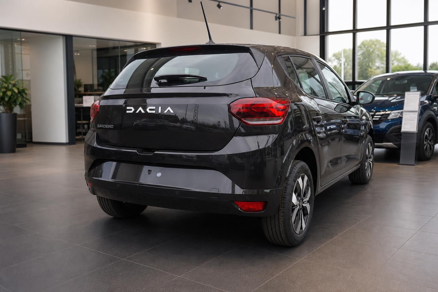 Dacia Sandero Heckansicht in grau im Autohaus-Showroom