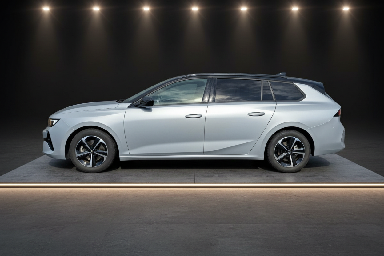 Opel Astra Sports Tourer Kombi in Silber – Seitenansicht im Showroom