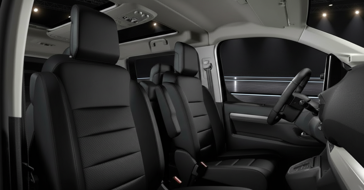 Fahrzeuginnenraum mit schwarzen Ledersitzen, Panoramadach und modernem Cockpit