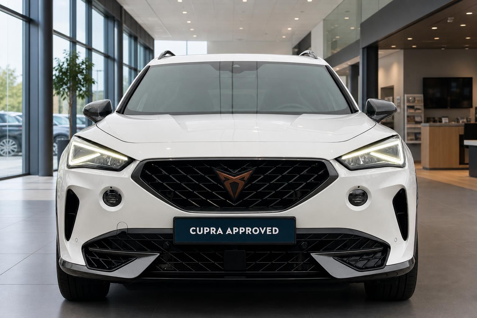 Cupra Formentor weiß Frontansicht mit Kühlergrill im Showroom
