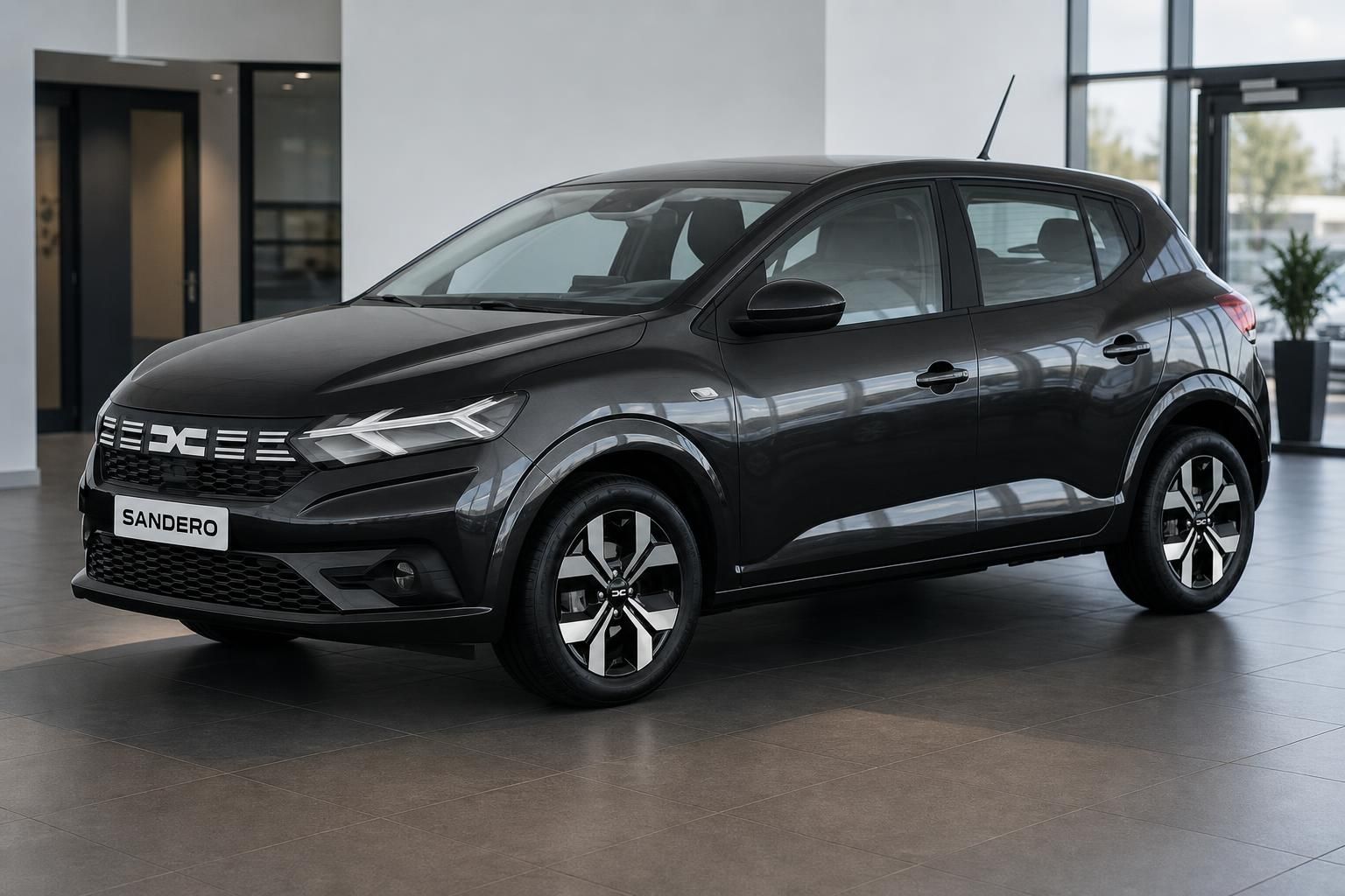 Dacia Sandero in grau - moderne Kompaktlimousine im Autohaus-Showroom