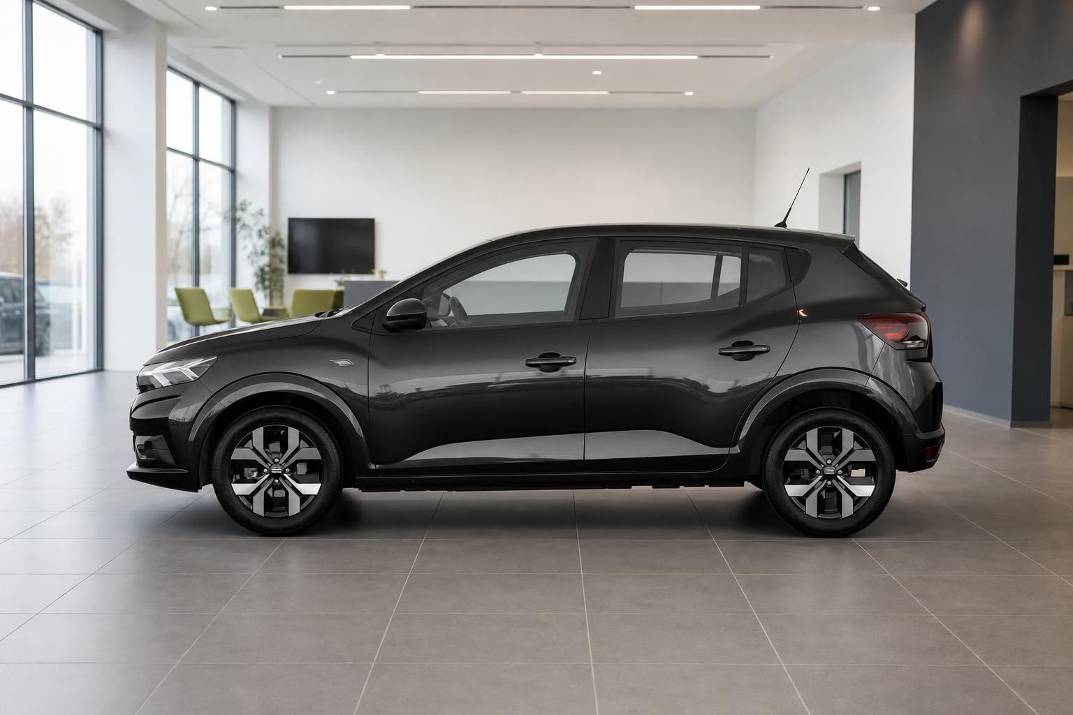 Dacia Sandero Seitenansicht - graue Kompaktlimousine im Autohaus von der Seite