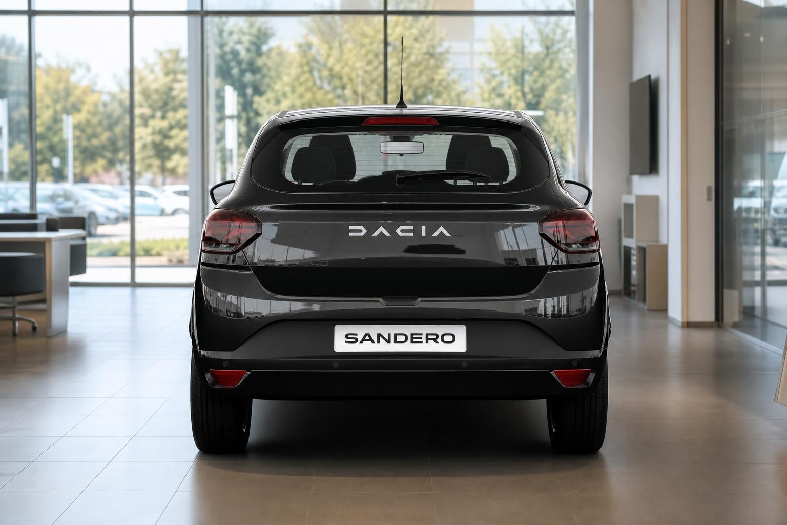 Dacia Sandero Heckansicht - graue Kompaktlimousine von hinten im Autohaus-Showroom