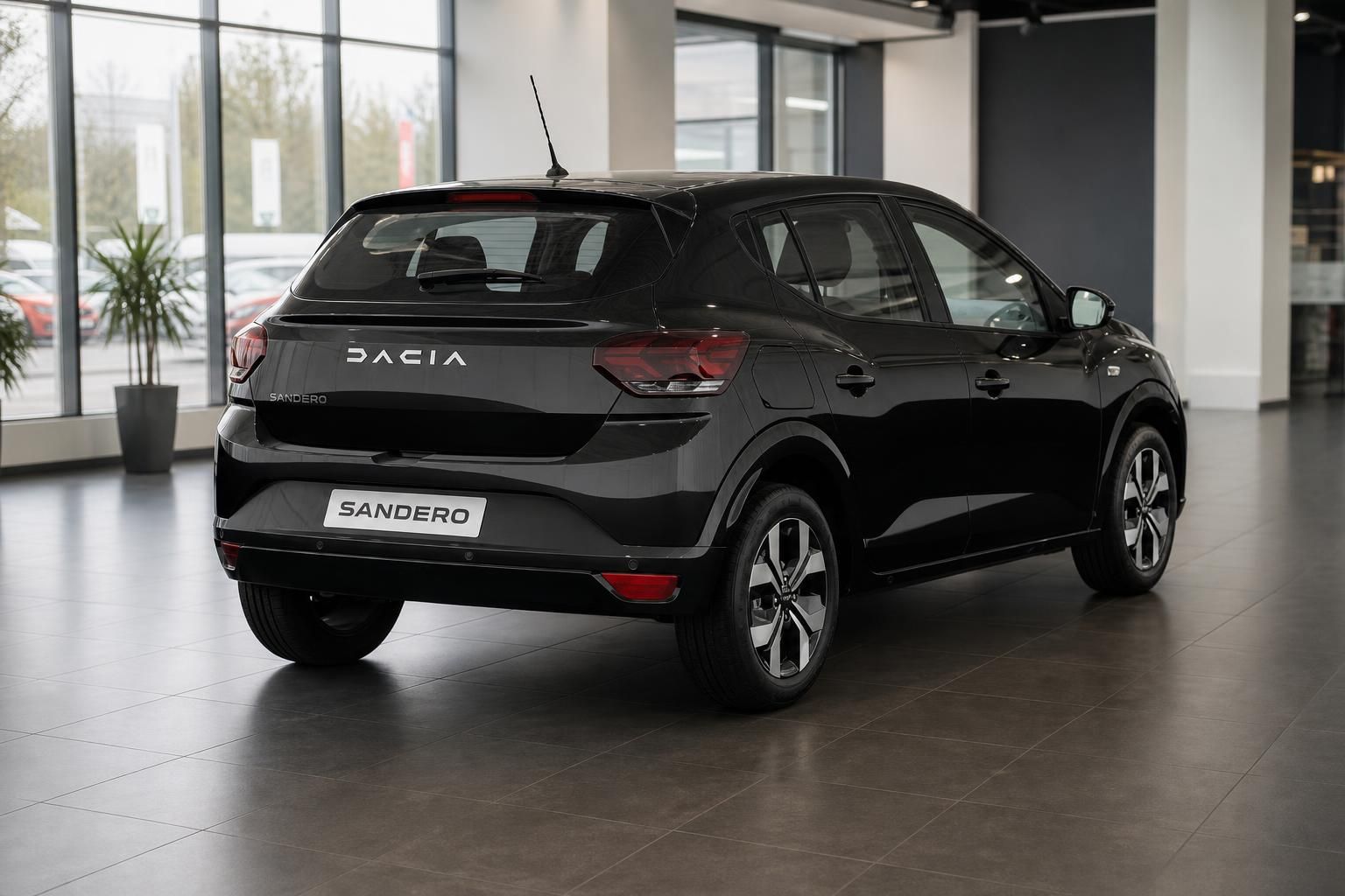 Dacia Sandero Heckansicht schräg - graue Kompaktlimousine im modernen Autohaus