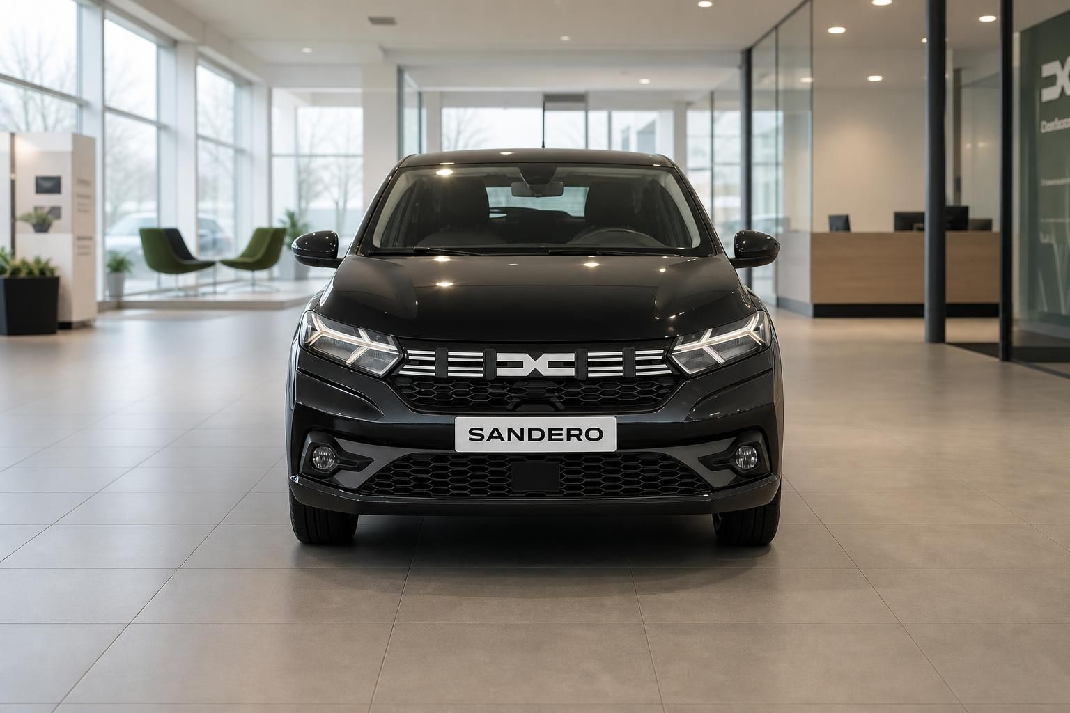Dacia Sandero Frontansicht - graue Kompaktlimousine von vorne im Autohaus-Showroom