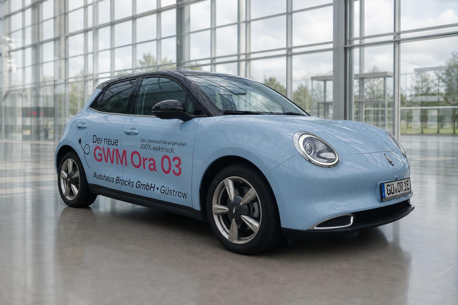 GWM Ora 03 hellblau Frontansicht bei Autohaus Brocks Güstrow