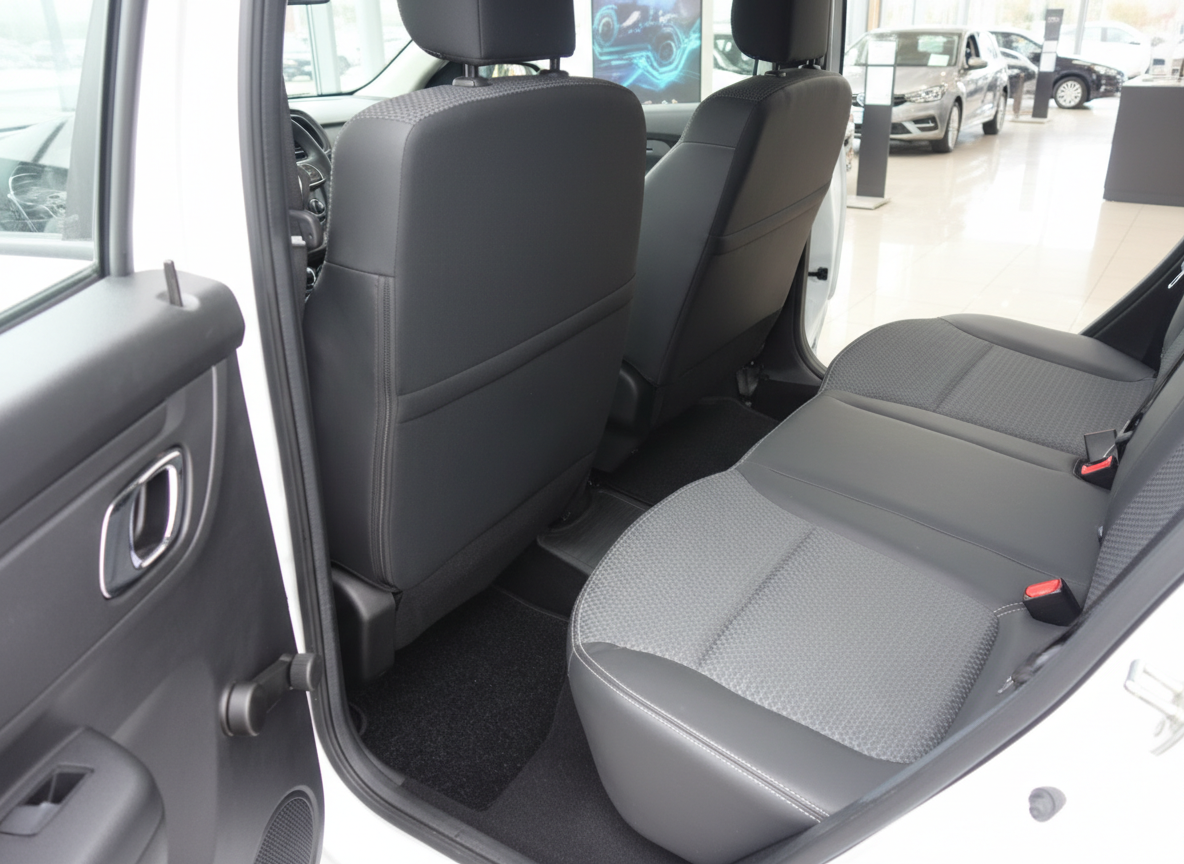 Fahrzeuginnenraum Rücksitzbank in dunkelgrauem Stoff-Leder-Mix mit Sicherheitsgurten