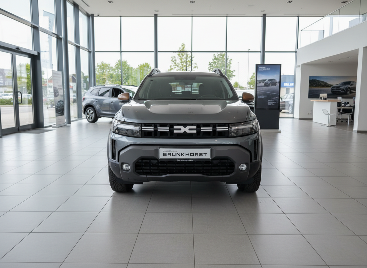 Dacia Duster SUV Frontansicht grau im Autohaus Brunkhorst Showroom