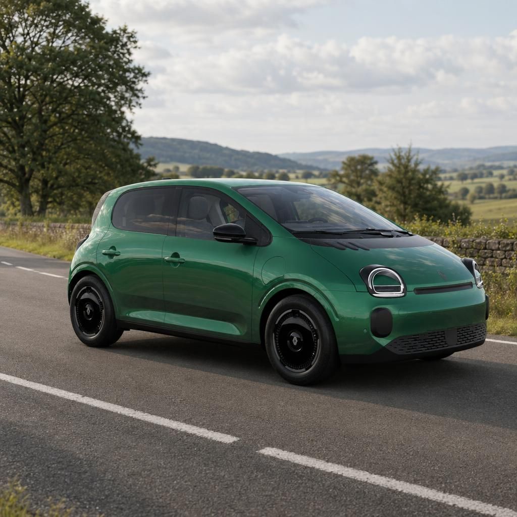 Grüner Renault Elektro-Kleinwagen auf Landstraße mit Hügellandschaft im Hintergrund