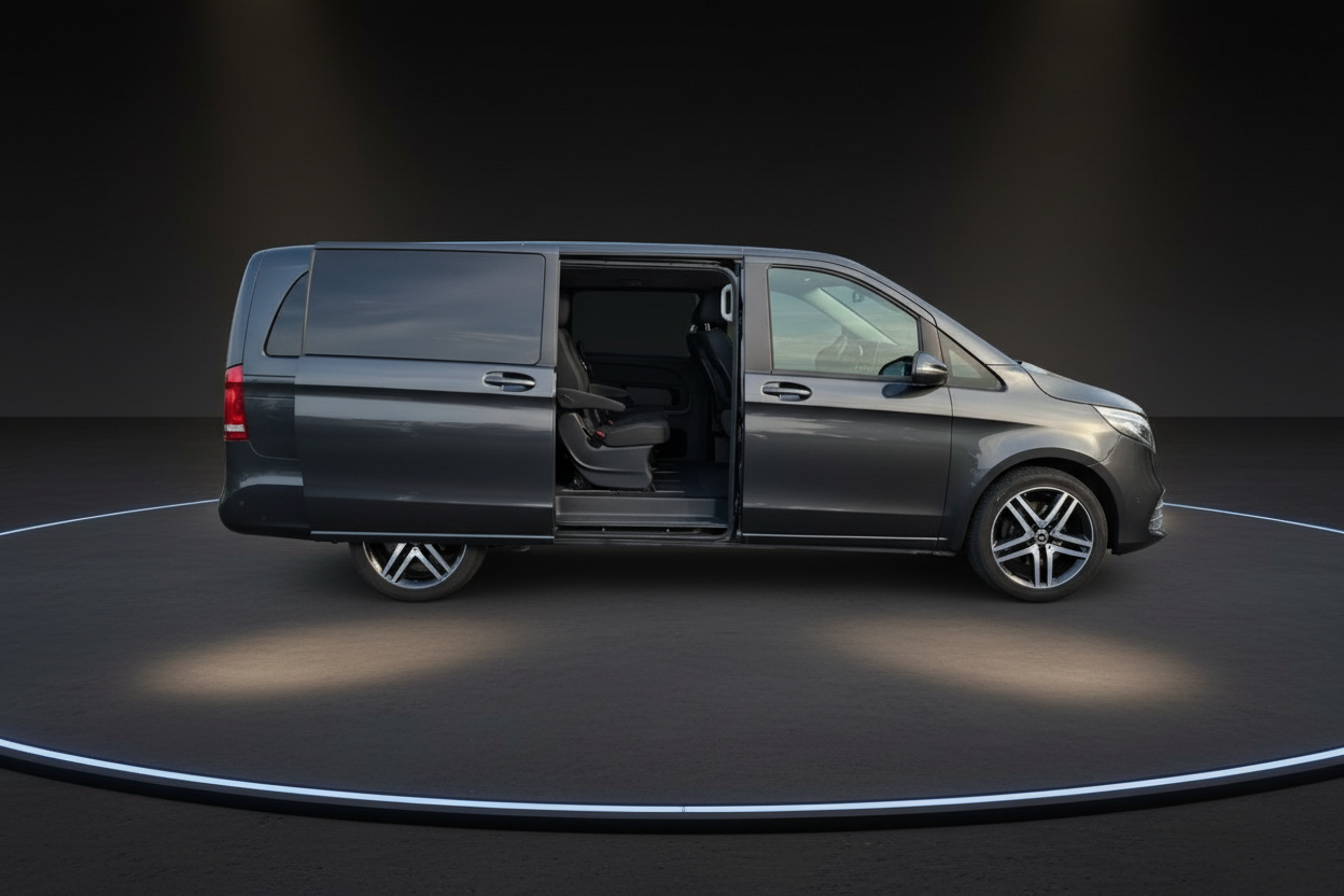 Mercedes-Benz V-Klasse Grau Seitenansicht mit geöffneter Schiebetür im Studio