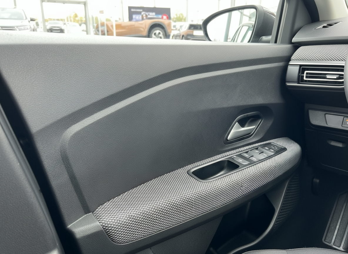 Fahrzeuginnenraum Fahrertür mit elektrischen Fensterhebern und Türgriff in schwarz-grauem Design