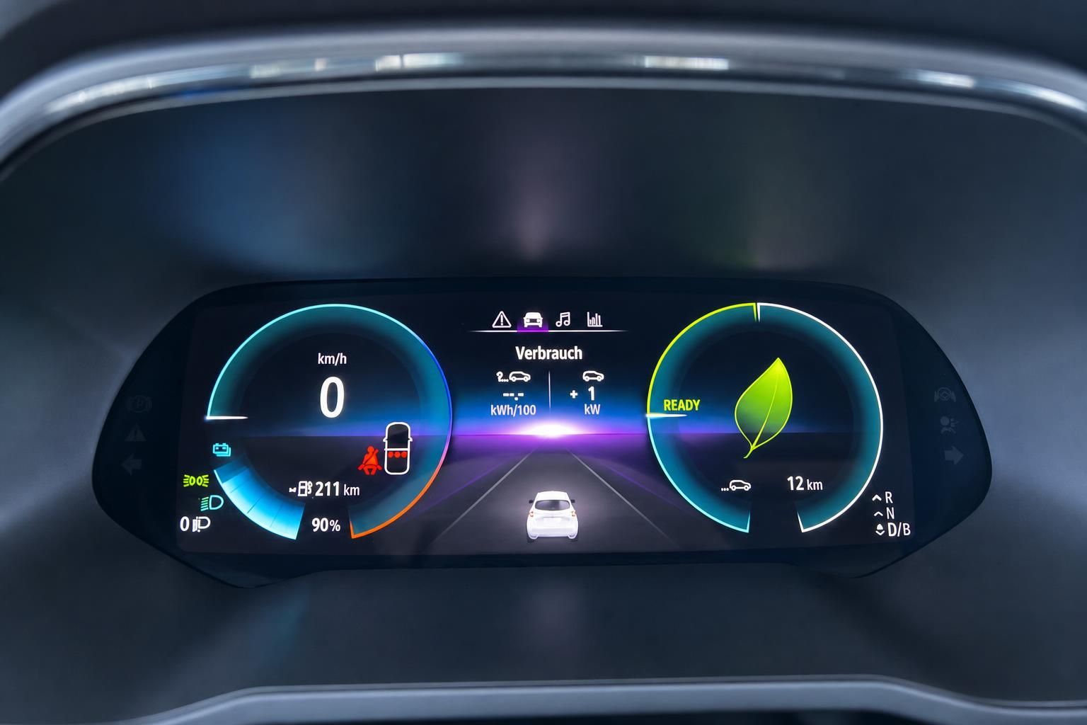 Digitales Armaturenbrett mit Elektrofahrzeug-Display und Verbrauchsanzeige
