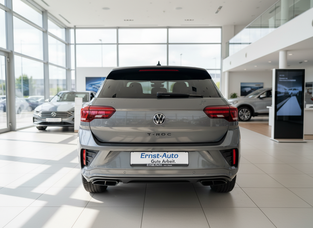 VW T-Roc Facelift in Grau – Heckansicht im Volkswagen Autohaus Ernst-Auto