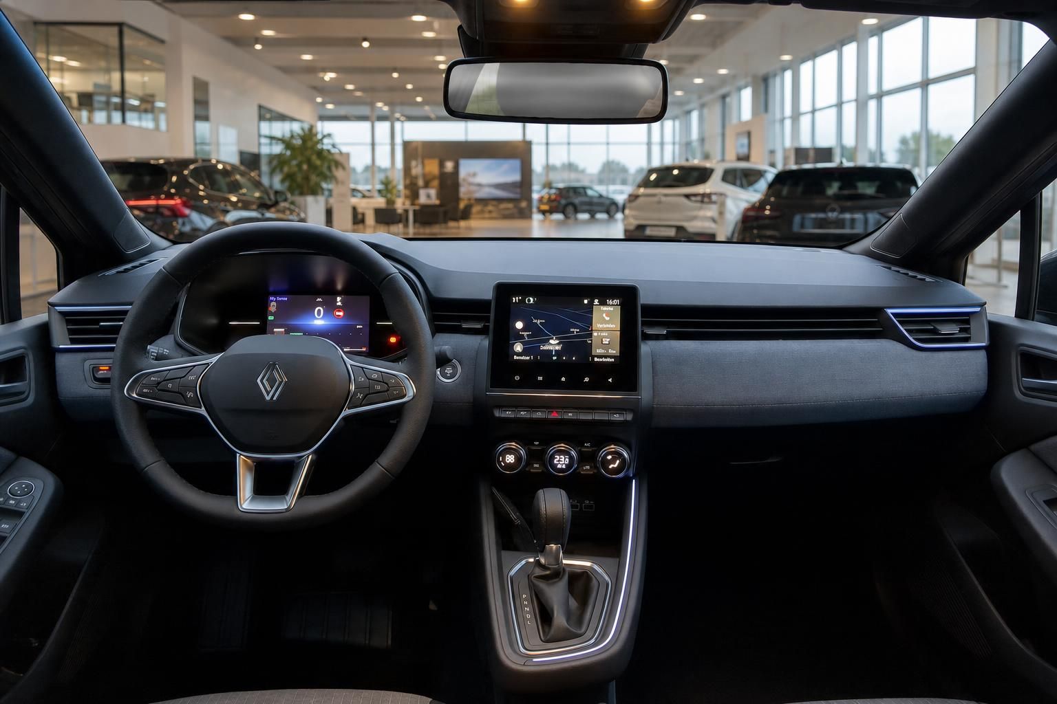 Renault Clio Innenraum Cockpit mit Touchscreen, Lenkrad und Automatikgetriebe