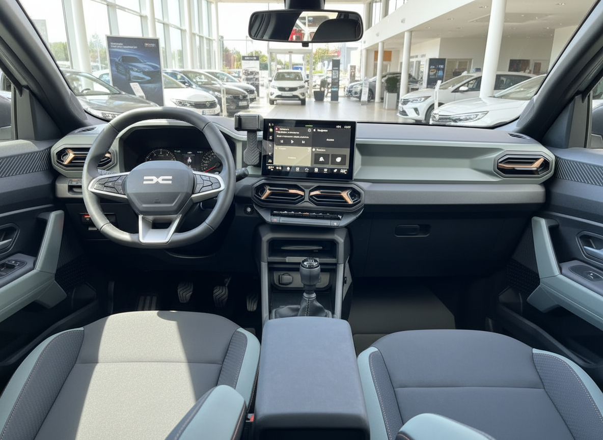 Dacia Innenraum mit Touchscreen, Lenkrad und grauen Stoffsitzen – modernes Cockpit in der Händlerausstellung