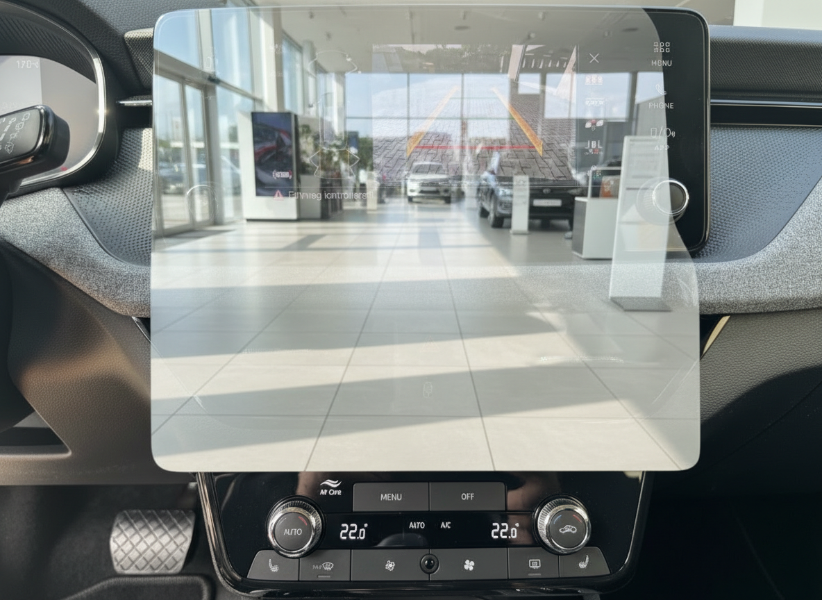Fahrzeug-Innenraum mit Touchscreen-Infotainmentsystem und Klimaanlage im Autohaus