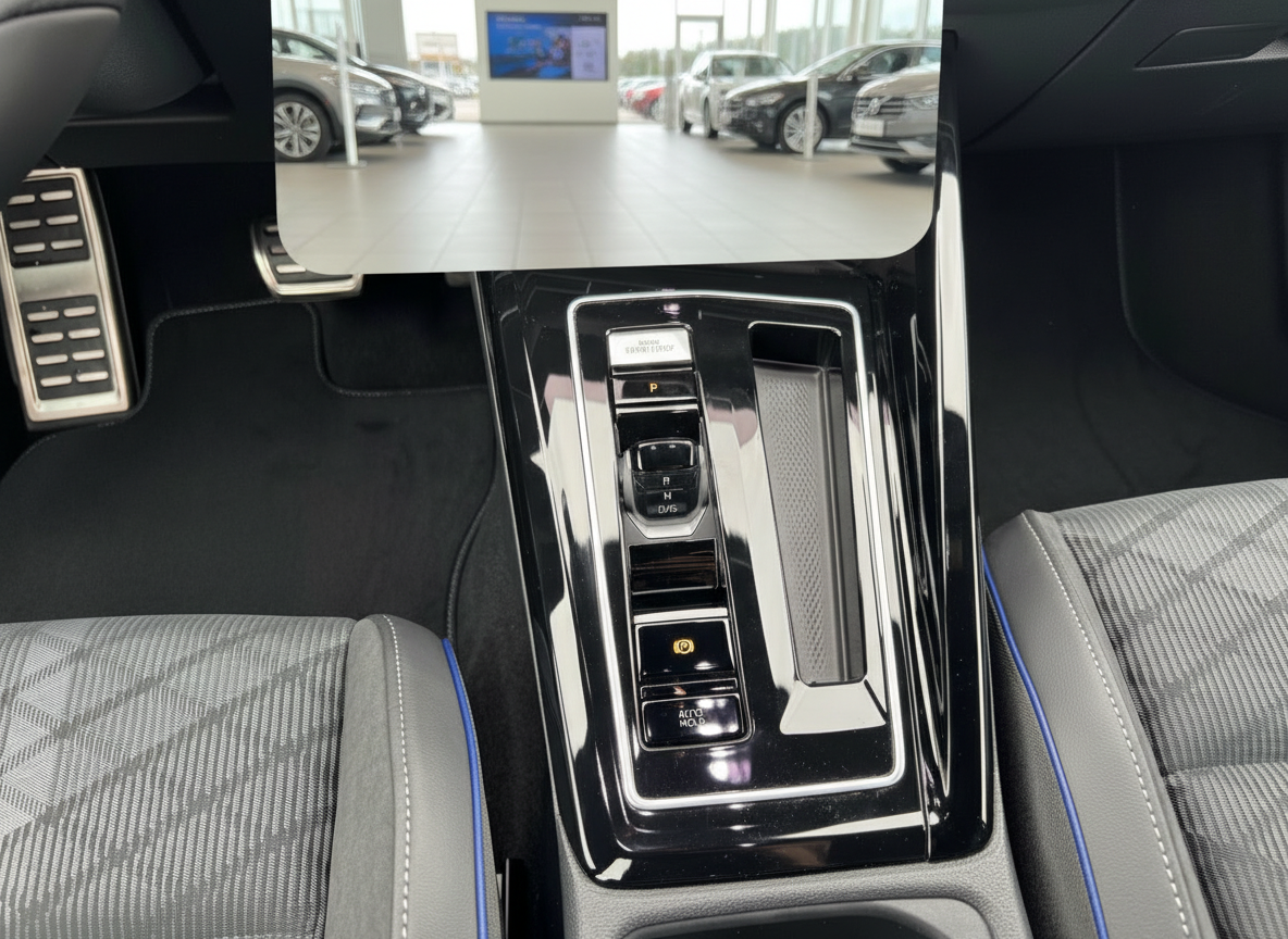 Volkswagen Innenraum Mittelkonsole mit DSG-Schalthebel und Sport-Sitzen in Grau-Blau