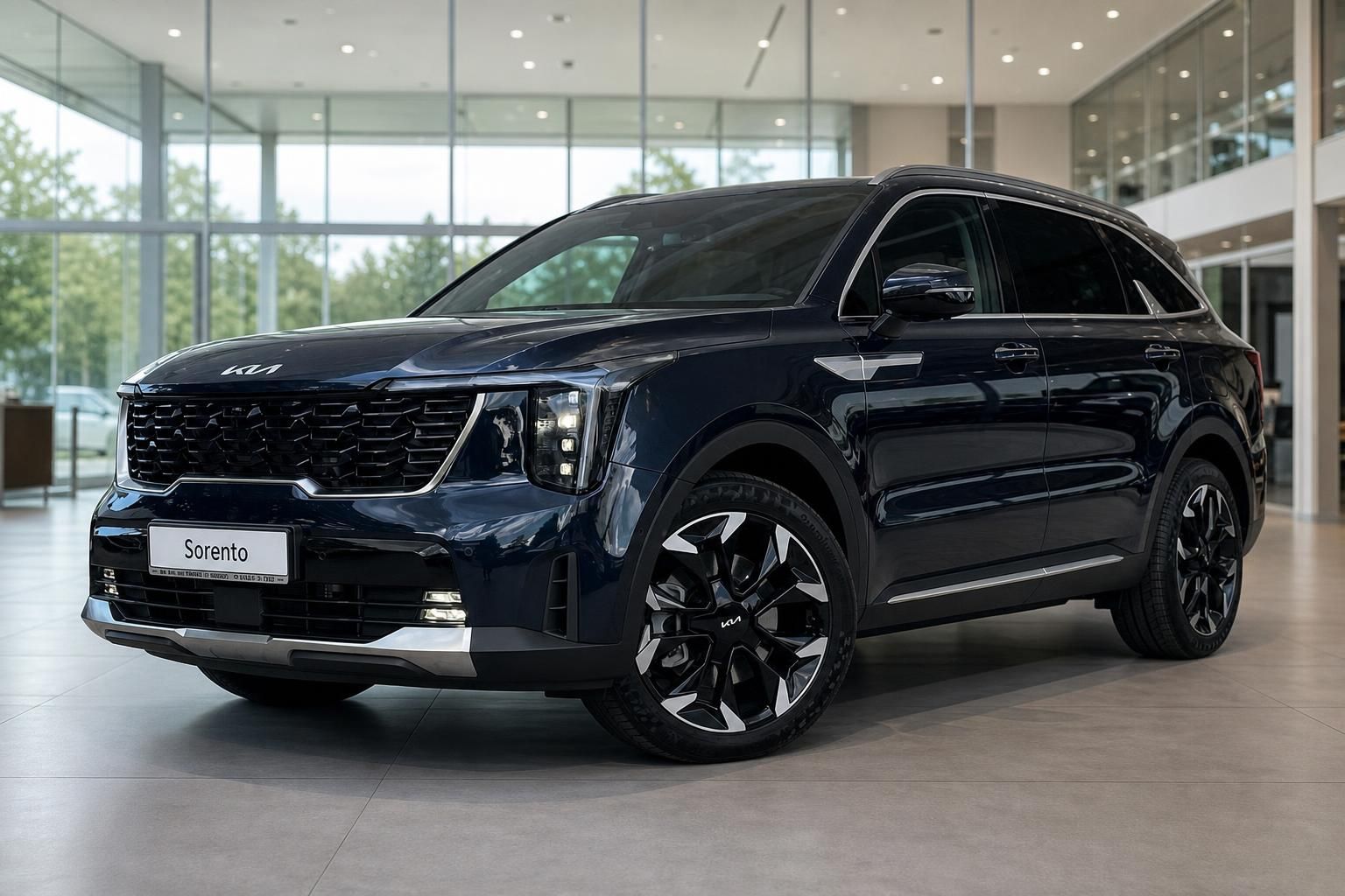 Kia Sorento Frontansicht in Dunkelblau mit LED-Scheinwerfern im Showroom