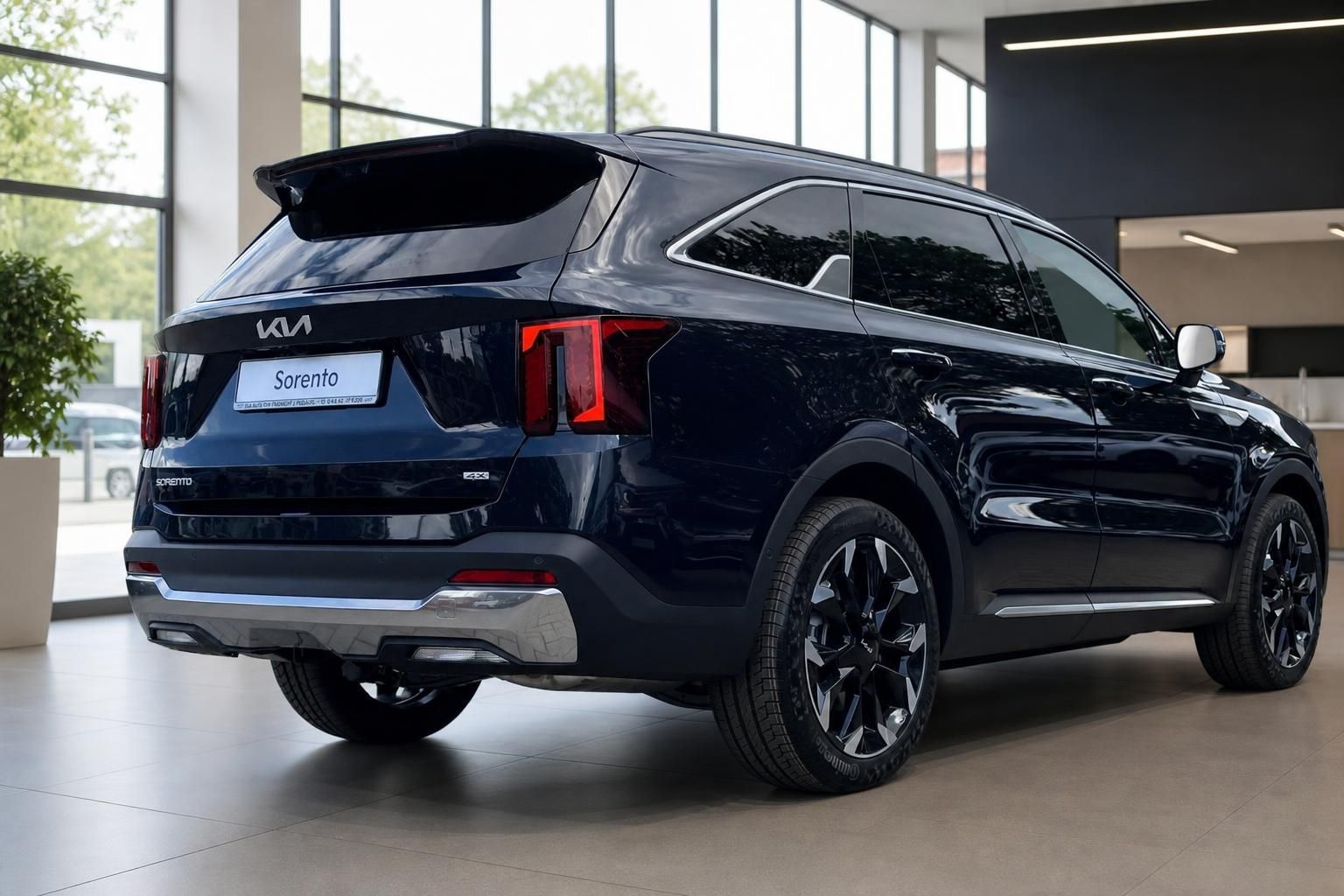 Kia Sorento 4x4 Heck-Seitenansicht in Dunkelblau im Autohaus
