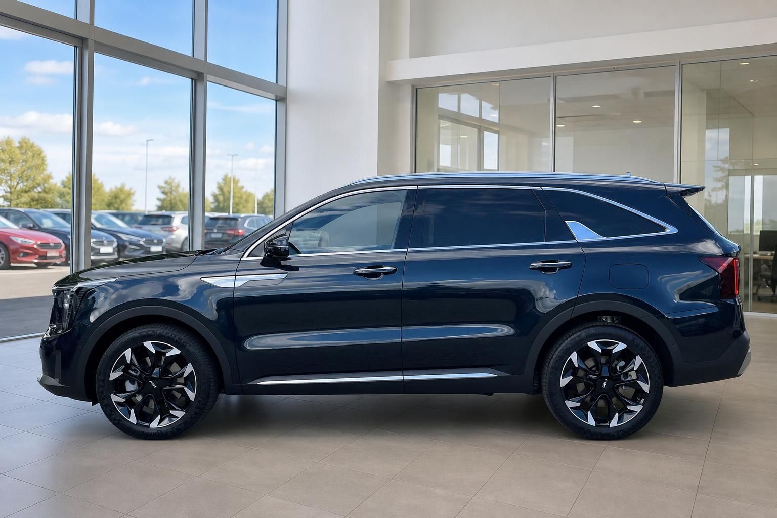 Kia Sorento Seitenansicht in Dunkelblau mit Alufelgen im Showroom