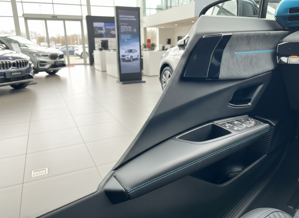 BMW Fahrzeugtür Innenansicht mit Alcantara-Verkleidung und blauen Ziernähten im Autohaus Showroom