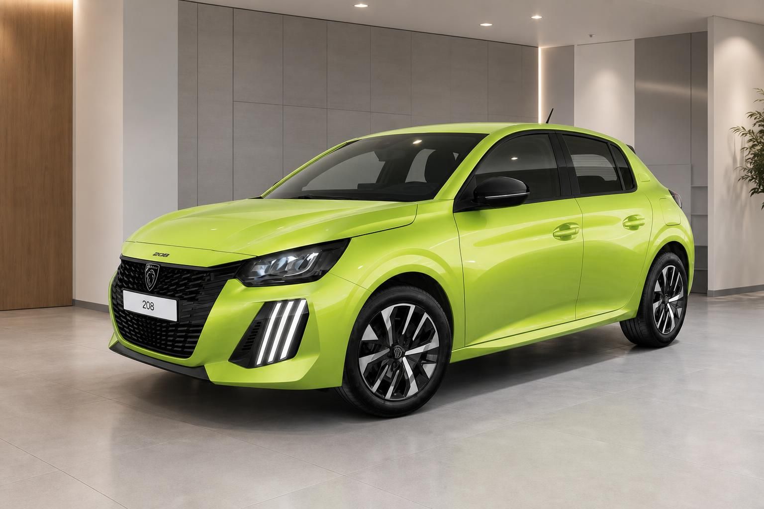 Peugeot 208 in Grün, Seitenansicht schräg von vorne