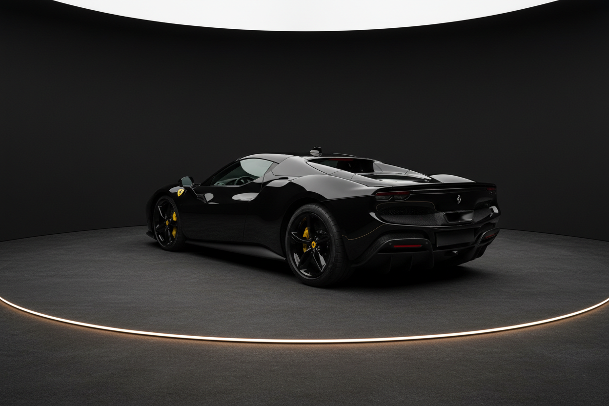 Schwarzer Ferrari SF90 Stradale Sportwagen mit gelben Bremssätteln in minimalistischem Showroom mit dramatischer Beleuchtung - Heckansicht des italienischen Hybrid-Supersportwagens