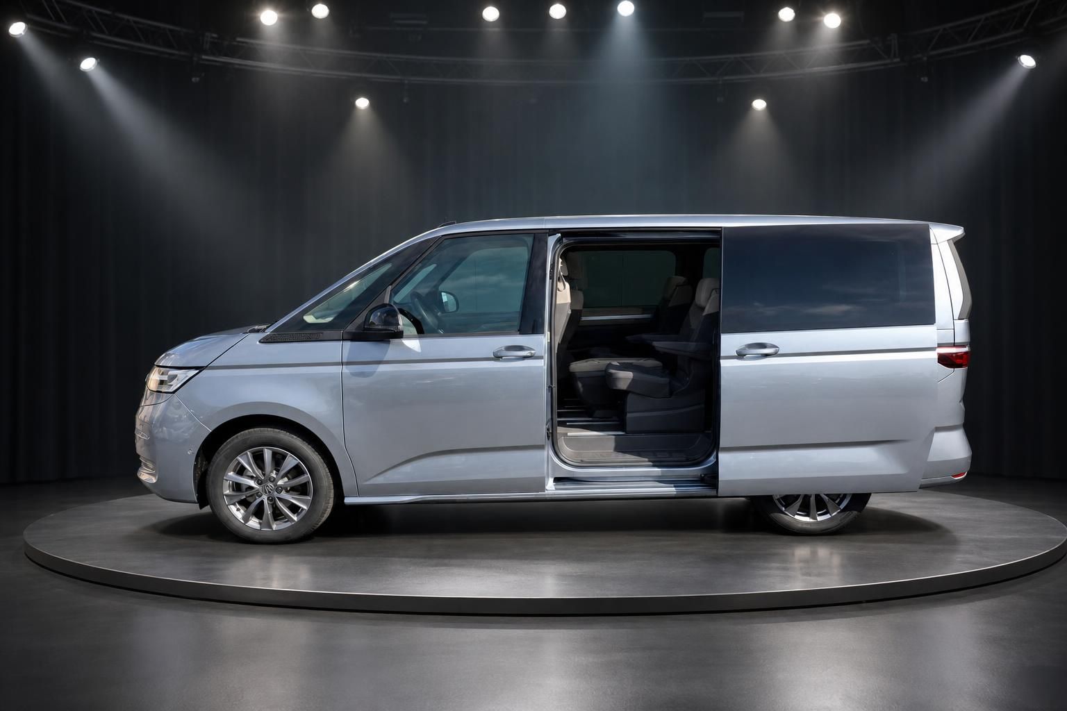 Volkswagen Multivan mit geöffneter Schiebetür - Blick auf den geräumigen Innenraum und die Sitzkonfiguration