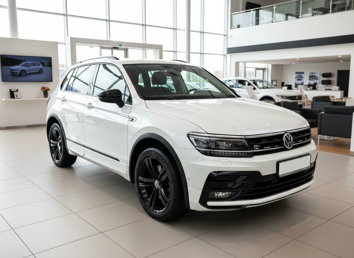 Weißer Volkswagen Tiguan R-Line SUV im Autohaus-Showroom, Frontansicht