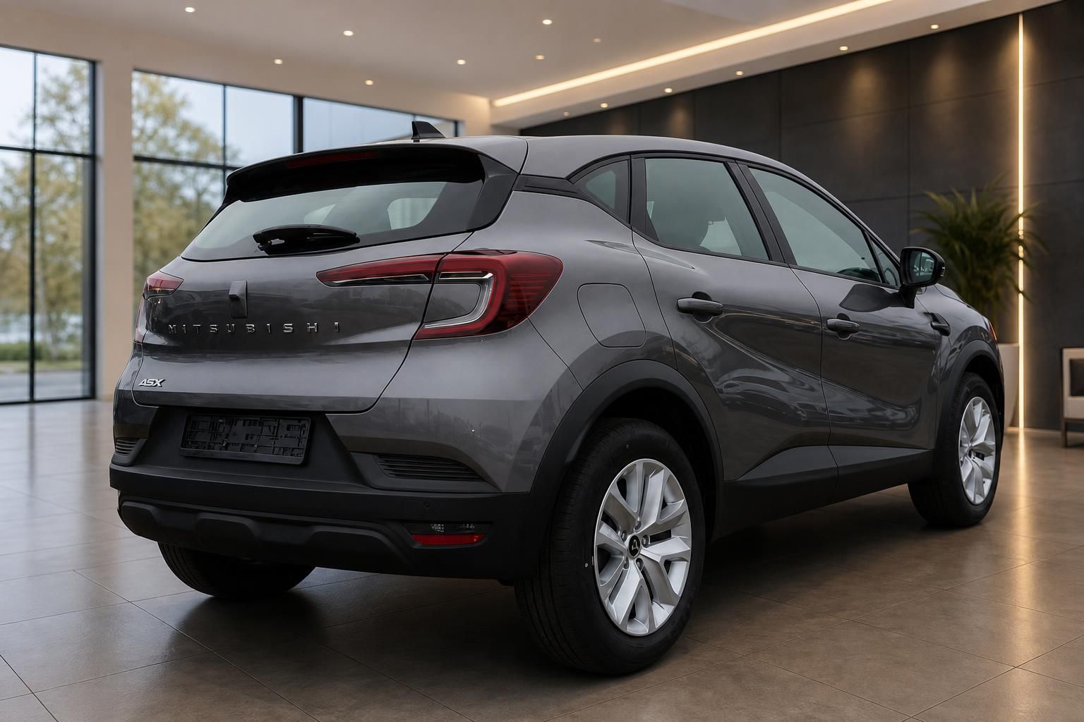 Mitsubishi ASX grau Heckansicht schräg im Autohaus Showroom