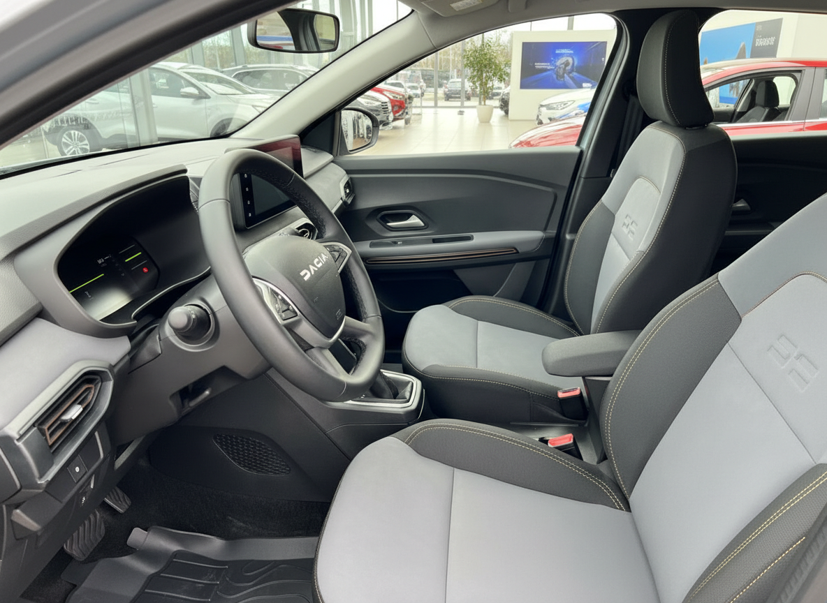 Dacia Innenraum mit Stoffsitzen in Grau-Schwarz, Lenkrad und Infotainment im Autohaus