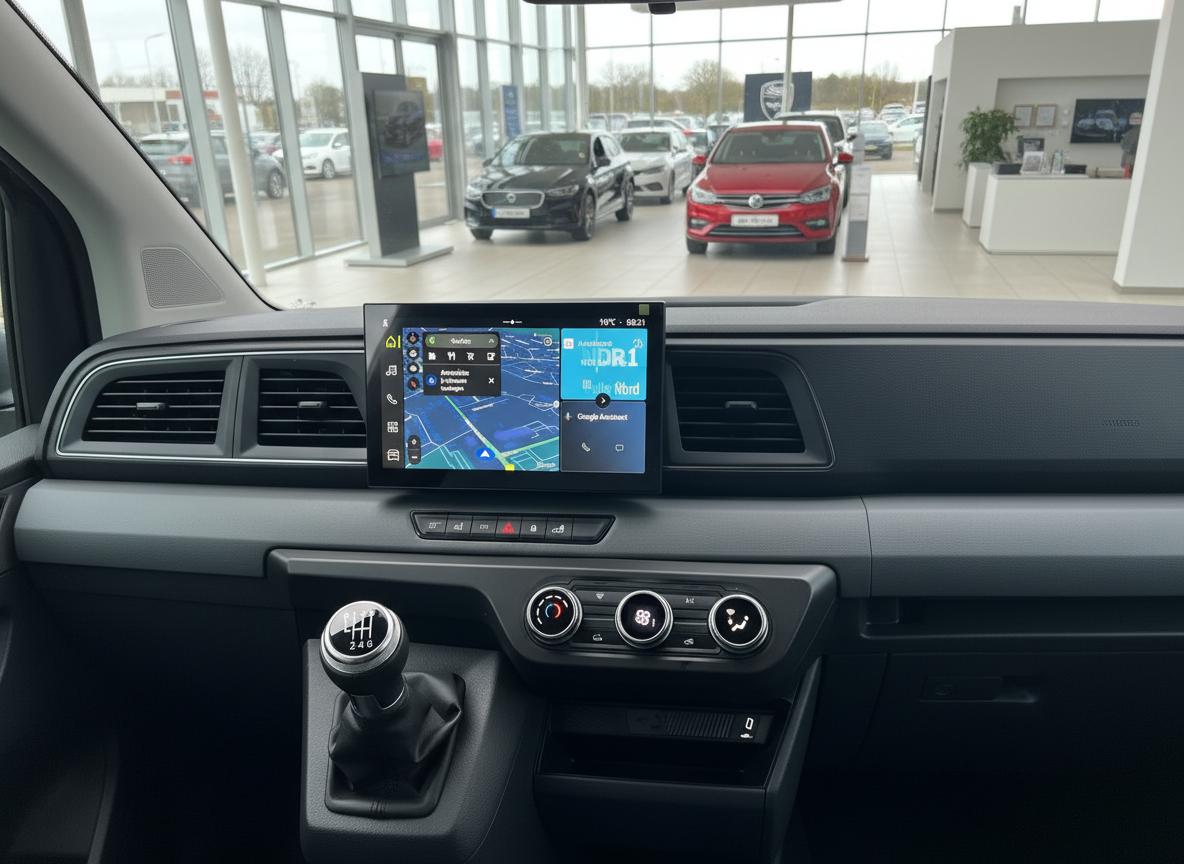Volkswagen Caddy Innenraum mit Infotainment-Display, Schaltgetriebe und Klimabedienfeld im Autohaus