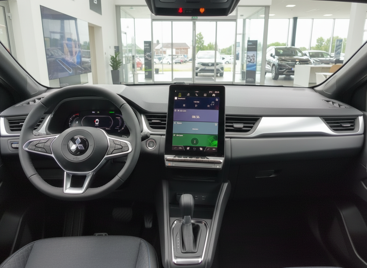 Mitsubishi Innenraum mit digitalem Cockpit und großem Touchscreen-Display im Autohaus