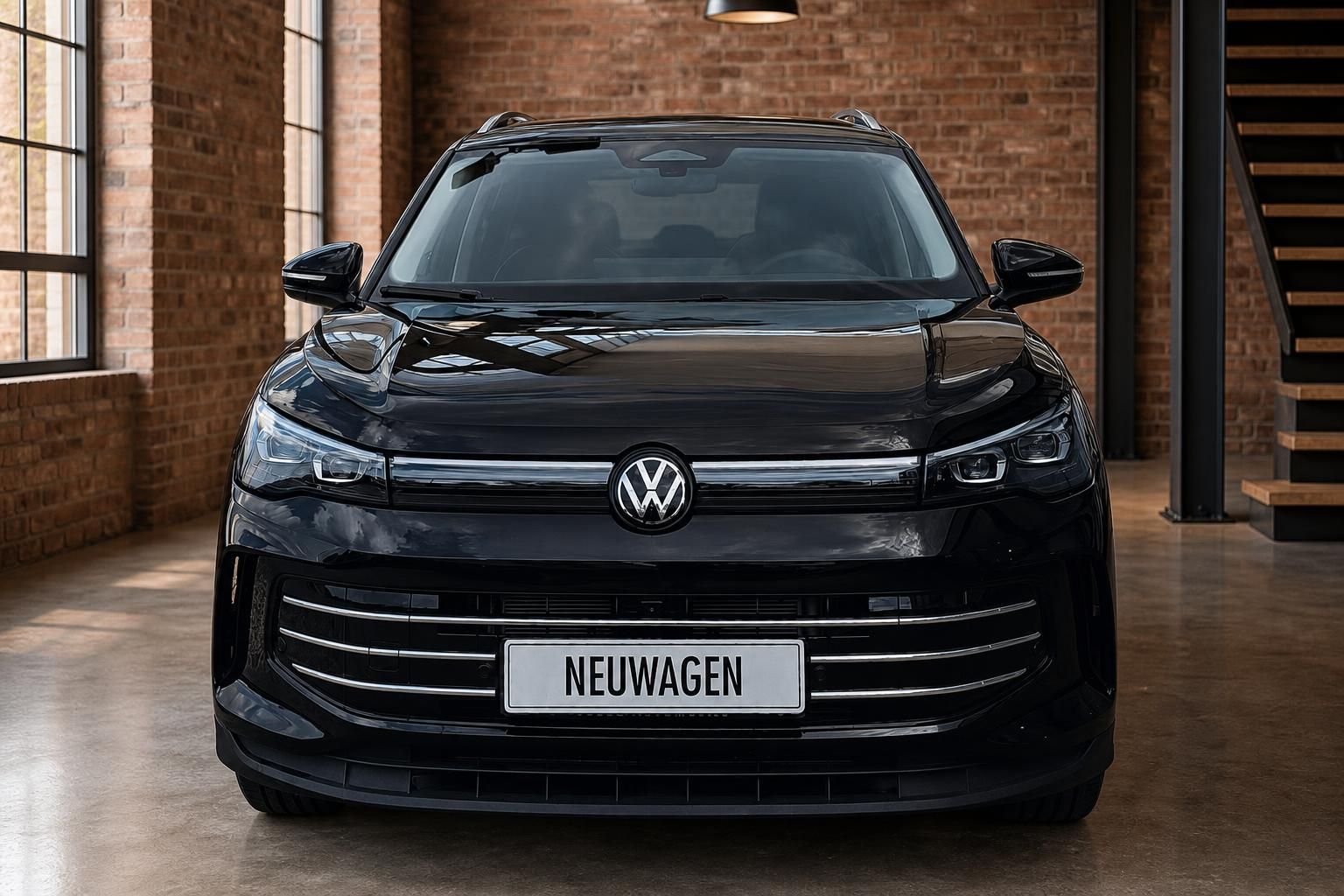 VW SUV schwarz Frontansicht in Loft-Ambiente mit Backsteinwand
