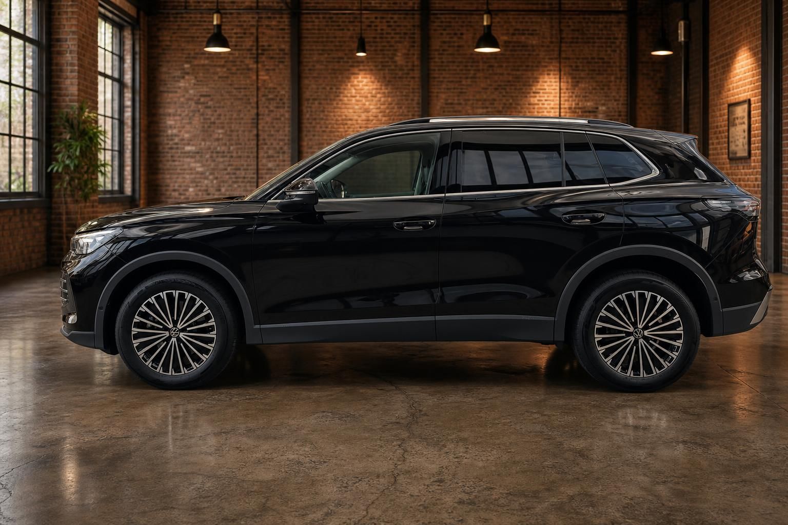 Schwarzer VW SUV Seitenprofil in stilvollem Loft-Showroom
