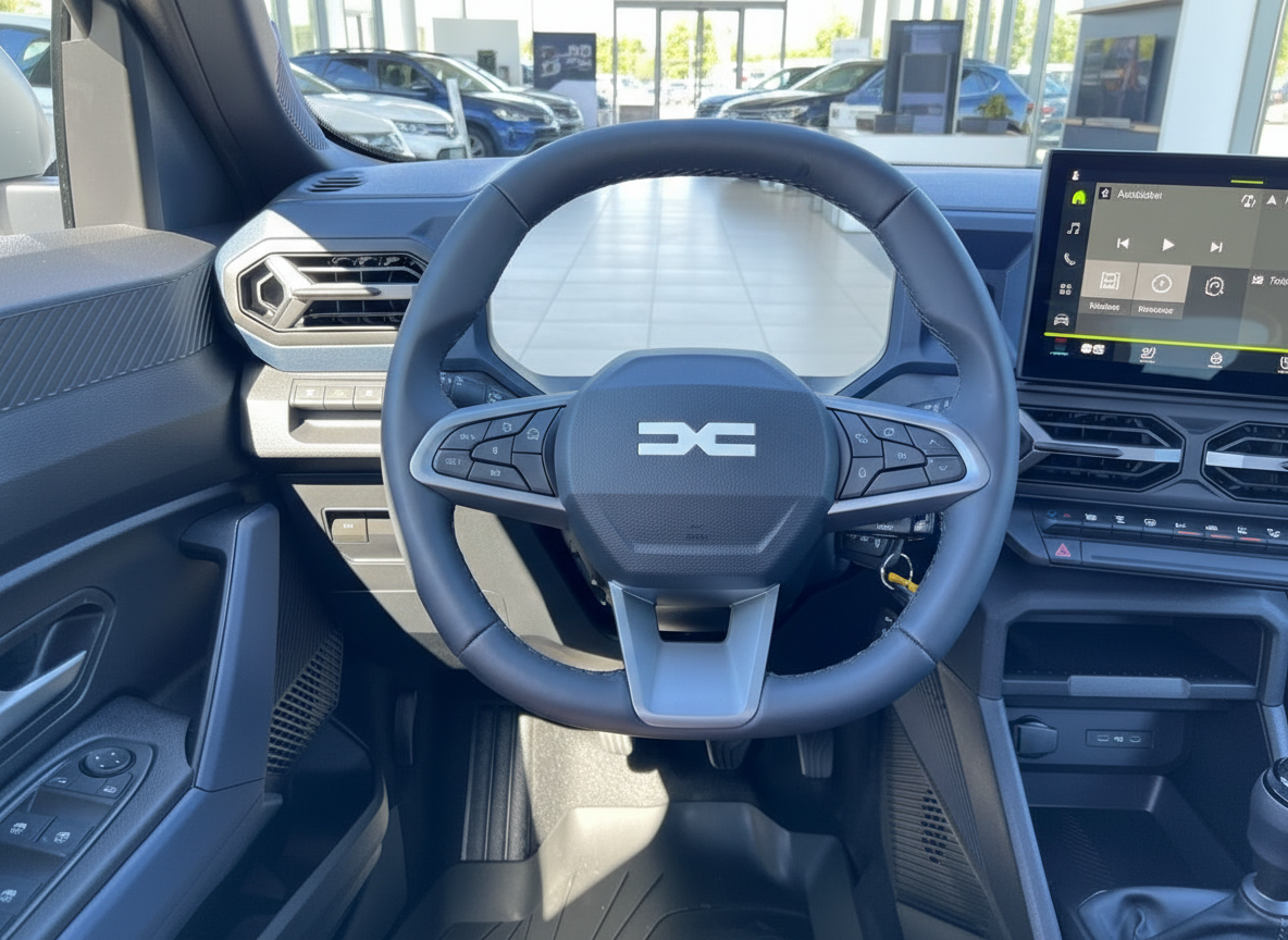 Dacia Innenraum mit Lenkrad und Infotainment-Display in modernem Design