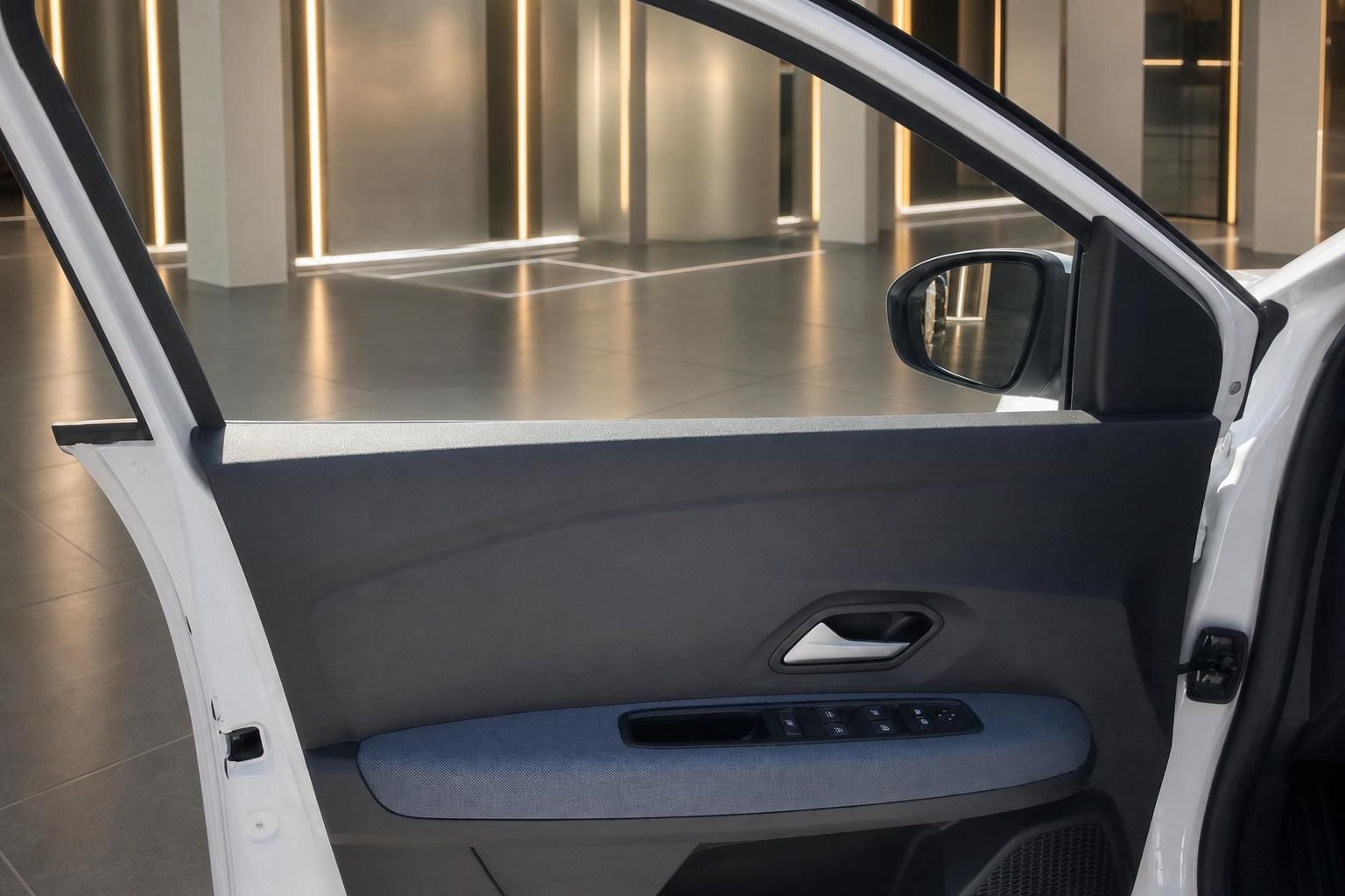 Fahrertuer von innen mit Tuerverkleidung und Aussenspiegel im Detail