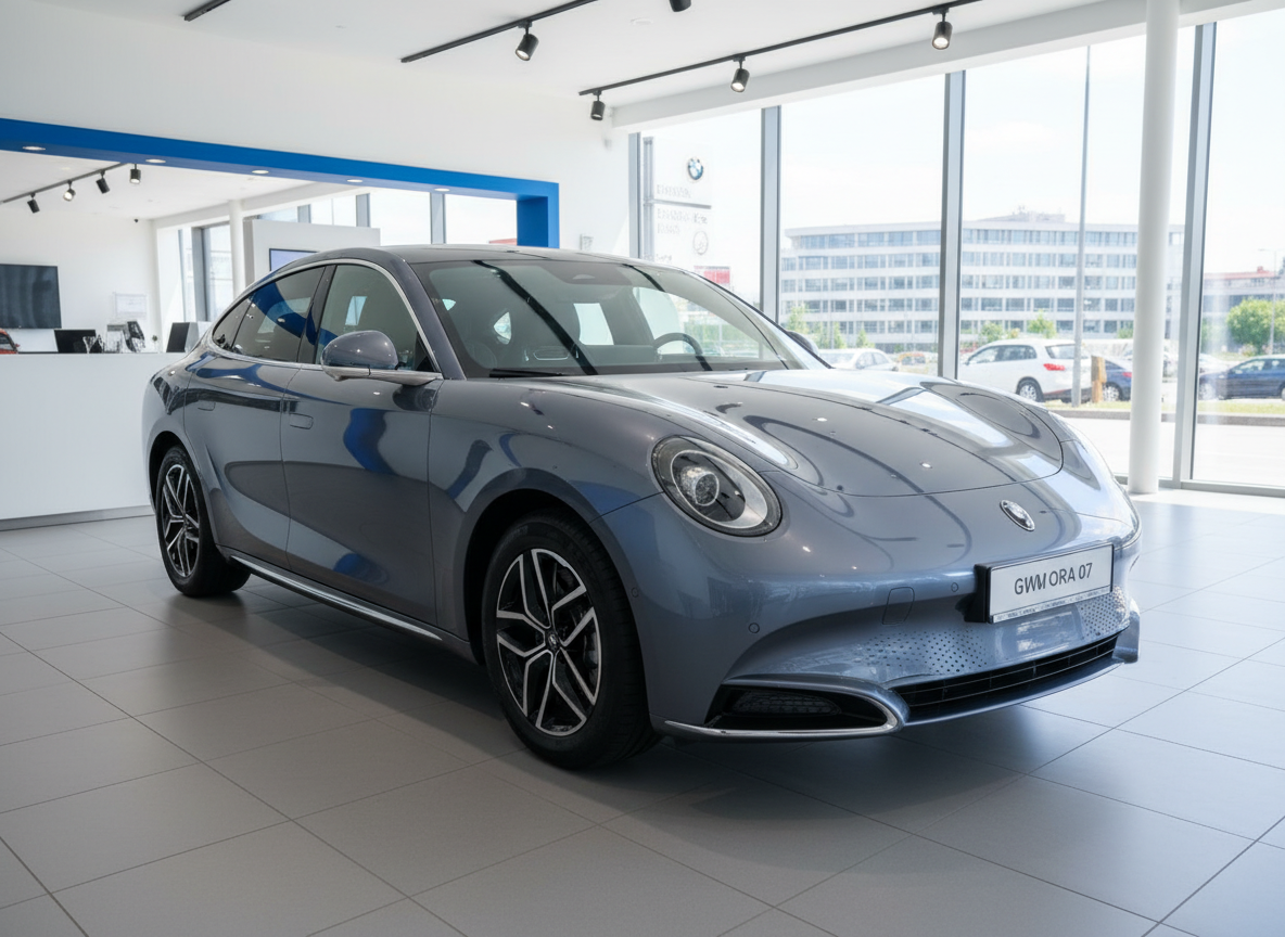 GWM ORA 07 in Grau-Blau metallic im Autohaus Showroom – chinesisches Elektroauto