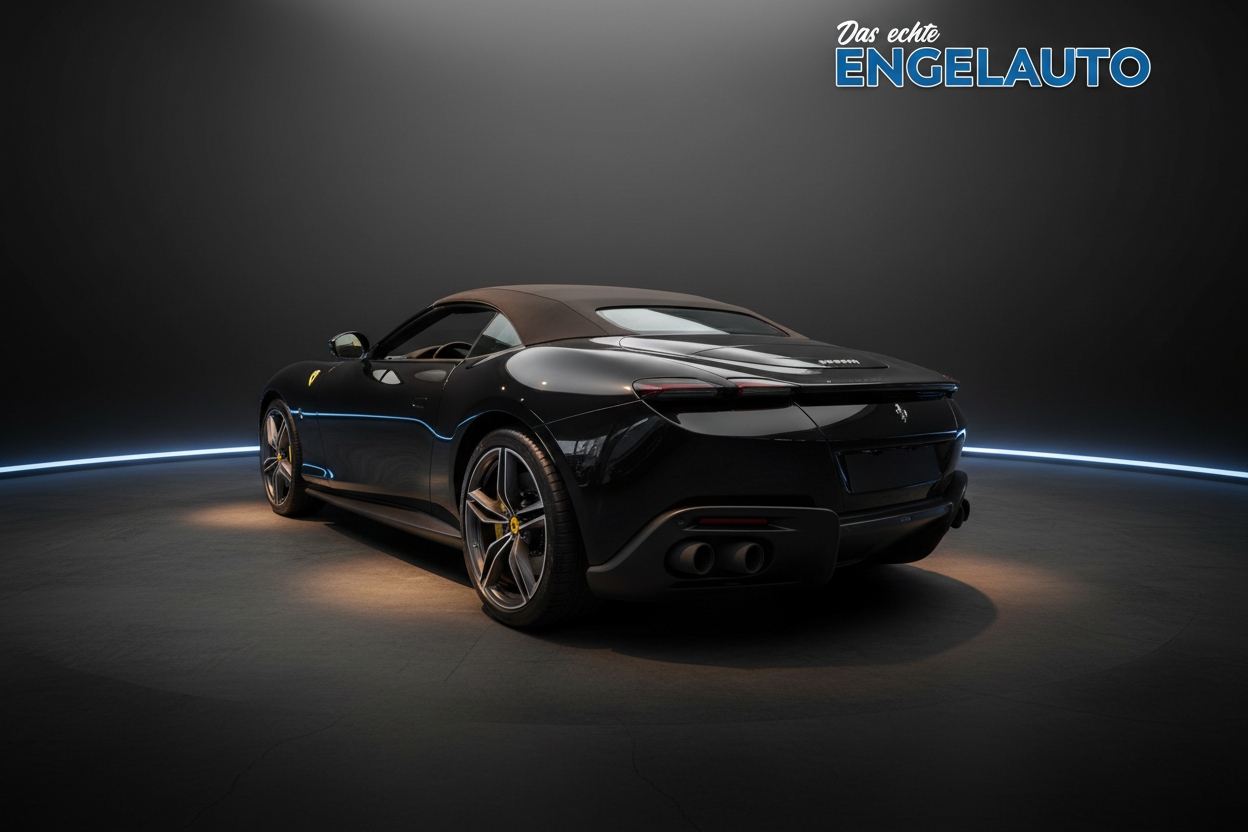 Schwarzer Ferrari Roma Spider Cabrio mit geschlossenem Verdeck in Studioumgebung mit blauer Ambientebeleuchtung - Heckansicht zeigt elegante Linien, Auspuffanlage und gelbe Bremssättel - Engelauto Luxuswagen